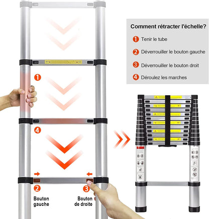 Telescopische ladder van aluminium, vouwladder, multifunctionele ladder, staande ladder, uittrekbare ladder, maximale belasting: 150 kg, zilver