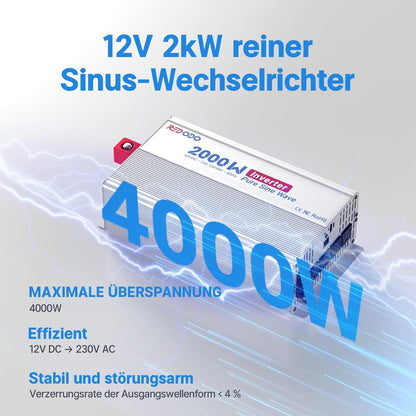 Redodo Pure Sine Wave omvormer, 2000 W, 2 V DC naar 230 V AC converter voor dames, camping, zonne-omvormer met 2 AC-uitgangen, monitoring-scherm met real-time statusweergave