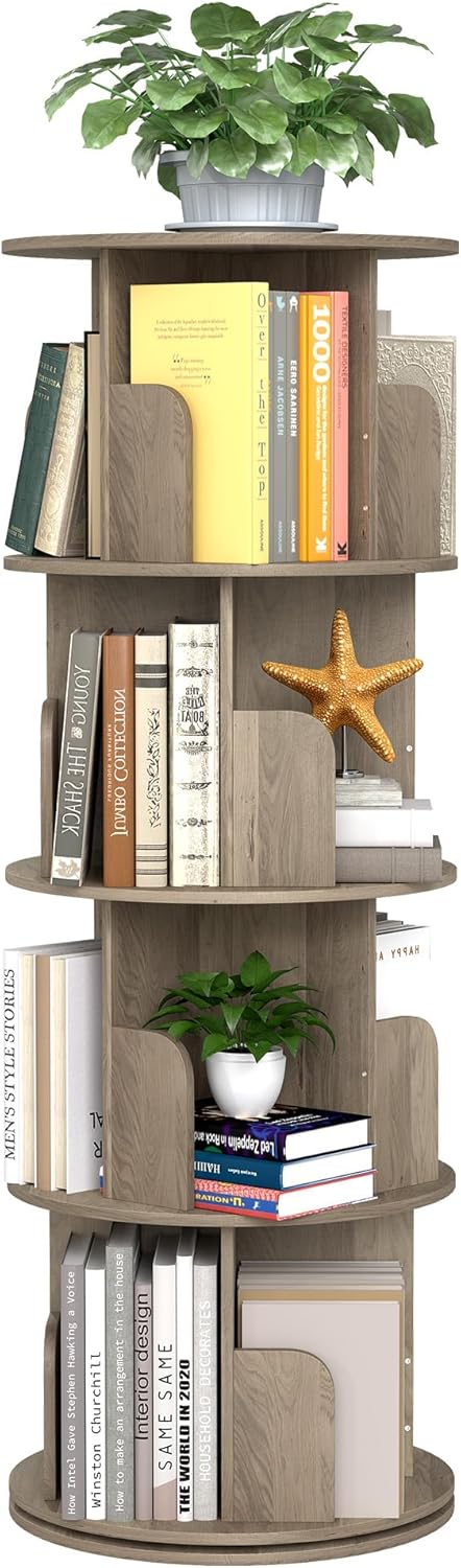 Rotating Bookshelf 360° Rotatable Bookcase for Kids Room Freestanding Rotating Bookcase Multifunctional Display Organizer for Home Study Bedroom (4 Tier | Oak | - QUORE