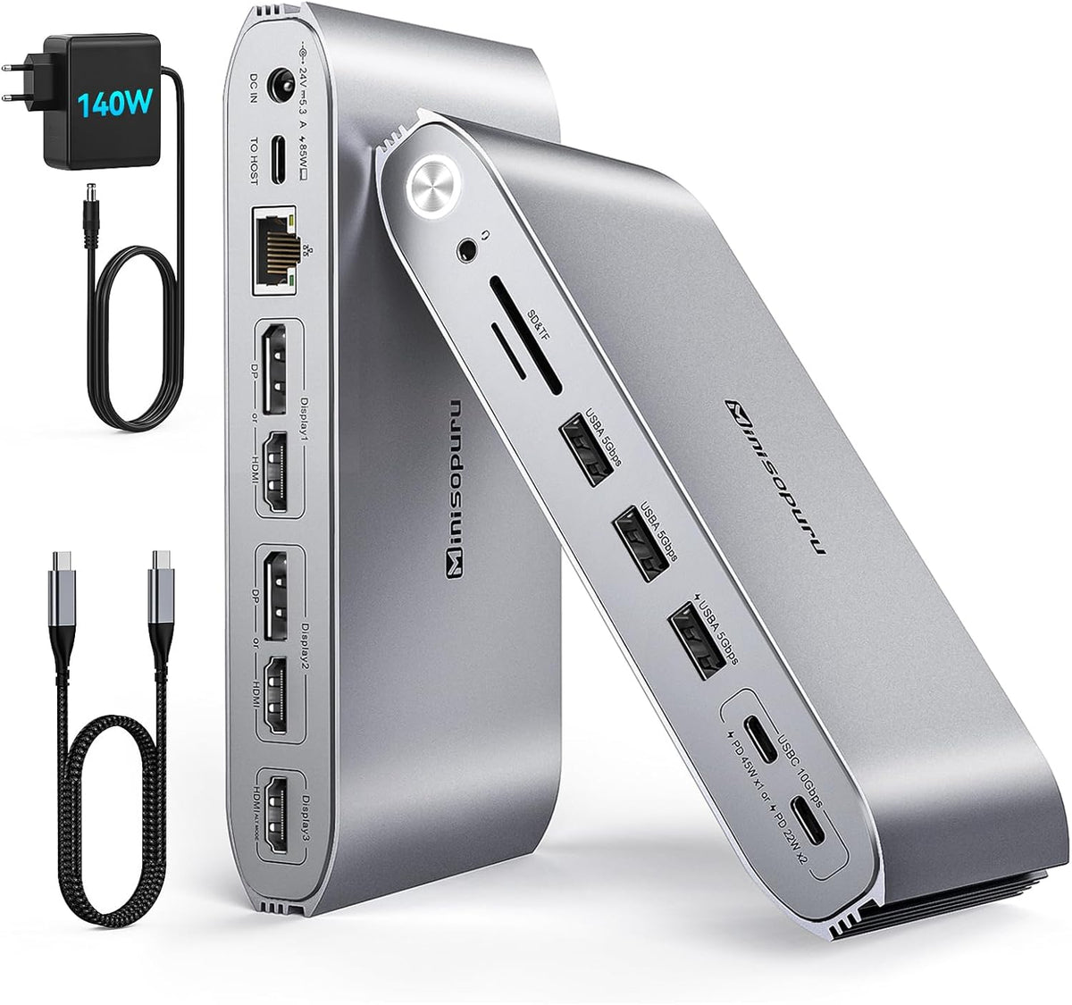 Minisopuru Upgrade DisplayLink Docking Station met 140W Power Adapter, Triple Monitor Docking Station voor MacBook/Windows (3XHDMI, 2XDisplayPort, 2X10Gbps Data & 45 WCharging USB C, 3X USB A, SD/TF)