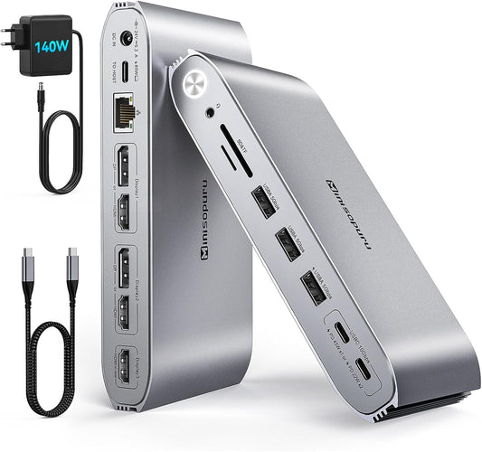 Minisopuru Upgrade DisplayLink Docking Station met 140W Power Adapter, Triple Monitor Docking Station voor MacBook/Windows (3XHDMI, 2XDisplayPort, 2X10Gbps Data & 45 WCharging USB C, 3X USB A, SD/TF)