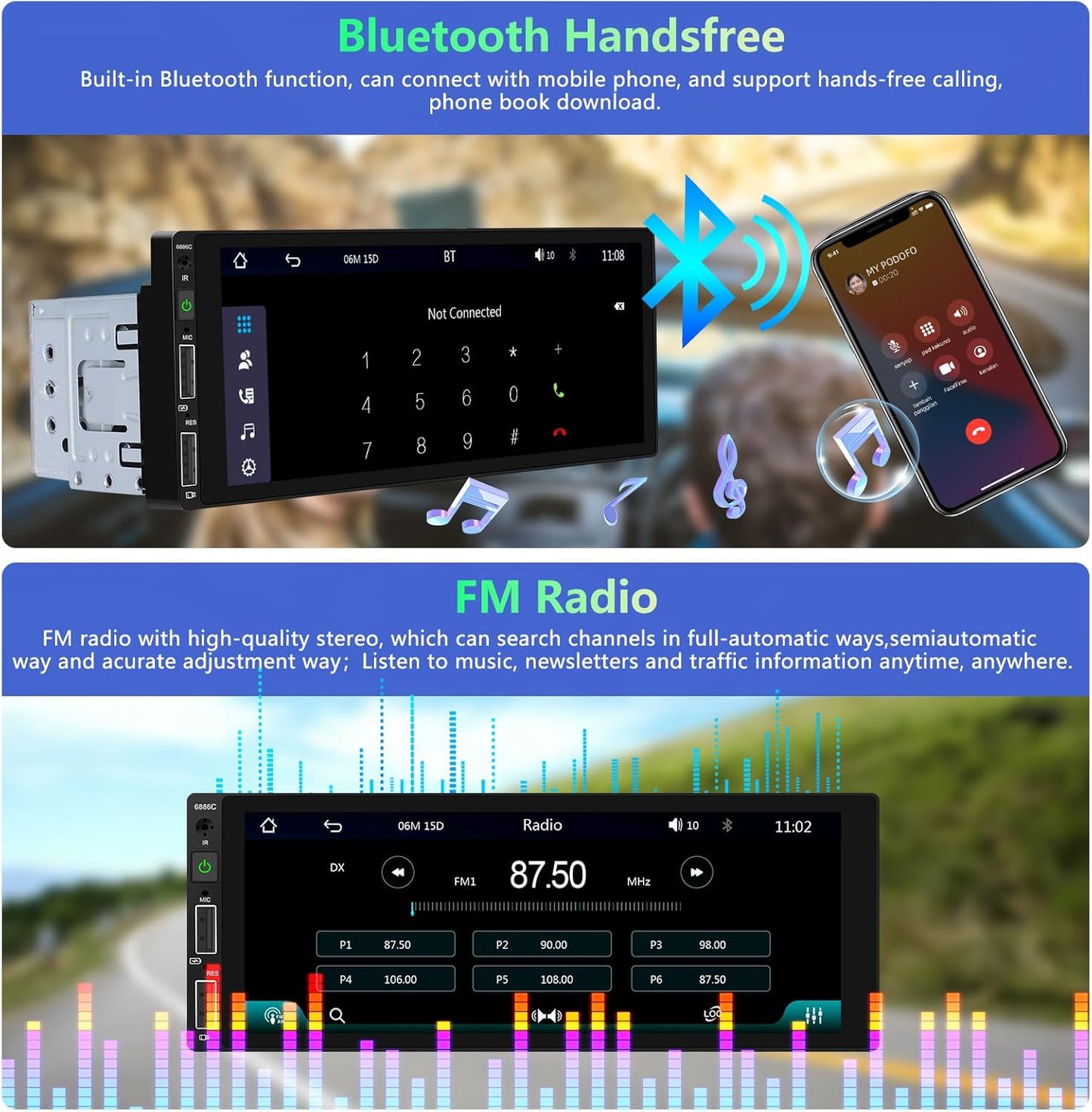 Podofo 1 Din car radio for Apple Carplay Wired Bluetooth Android Auto, 6.86 inch with display Car radio with screen Supports FM mirror jack, rear view camera and microphone - QUORE