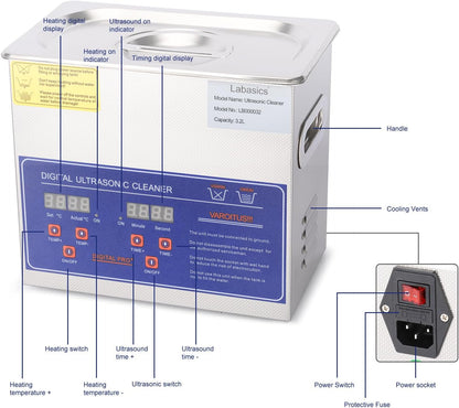 Labasics Ultrasoon Reiniger, Professionele All-purpose RVS Ultrasoon Reiniger met Digitale Display Timer en Warmteregeling voor Laboratorium 220V, 3.2 L