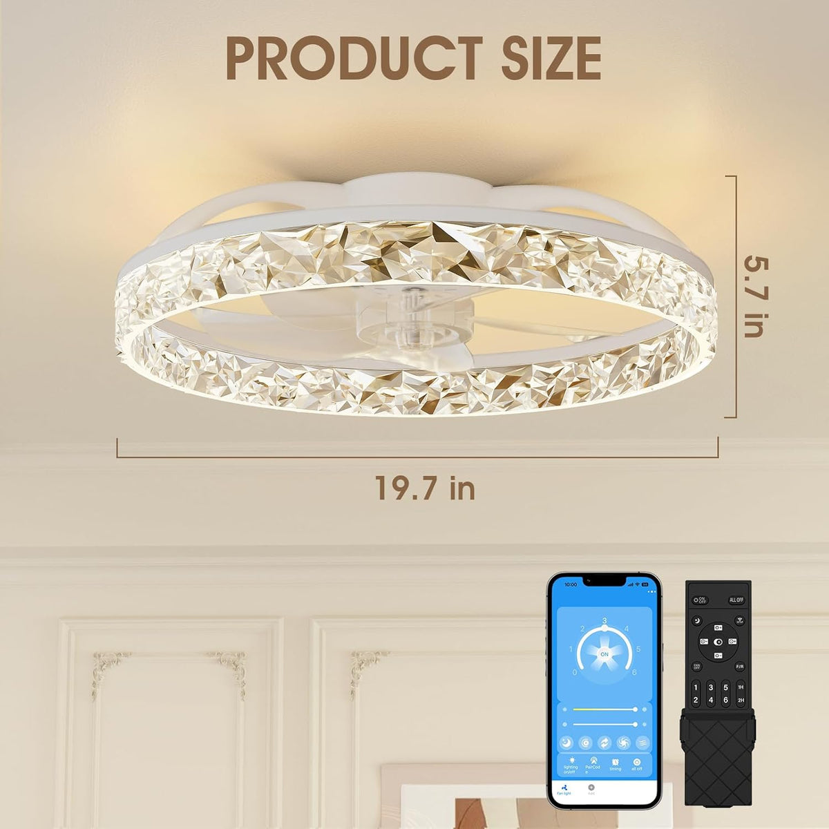 NIORSUN 50,8 cm led-ventilator met lampen en afstandsbediening app, dimbaar, laag profiel, plafondventilator voor inbouw, traploze kleurtemperatuurverandering en 6 snelheden