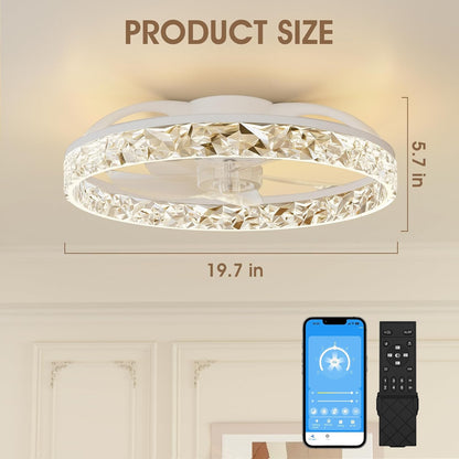 NIORSUN 50,8 cm led-ventilator met lampen en afstandsbediening app, dimbaar, laag profiel, plafondventilator voor inbouw, traploze kleurtemperatuurverandering en 6 snelheden