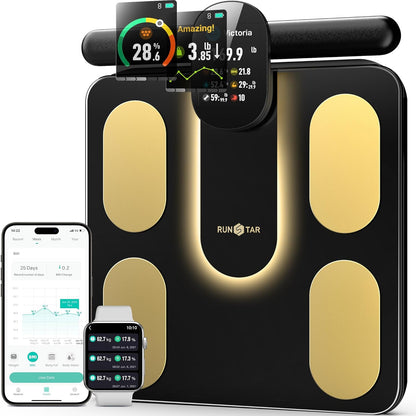 RunSTAR weegschaal, digitale scale met 8 elektroden voor lichaamsgewicht en lichaamsvet, BMI, spiermassa en analyse van 28 lichaamsparameters, met full-colour TFT-LCD op de