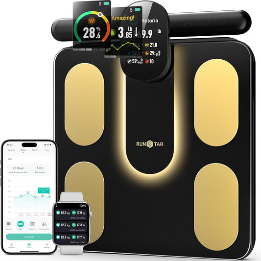 RunSTAR weegschaal, digitale scale met 8 elektroden voor lichaamsgewicht en lichaamsvet, BMI, spiermassa en analyse van 28 lichaamsparameters, met full-colour TFT-LCD op de