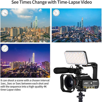 Camcorder 4K-Videocamera – Videocamera – Vlogcamera – HD-Camcorder – 4K-Camera – IR-Nachtzicht – WiFi-Bediening Met Microfoon, LED-Videolamp En Groothoeklens