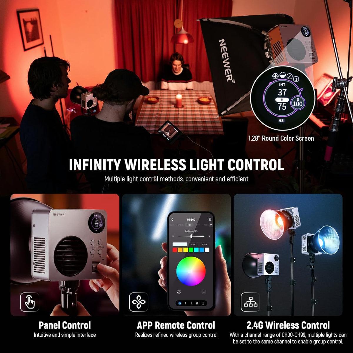 NEEWER 80W RGBWW LED videolamp met reflector en 72Wh accu, APP/2.4G besturing 18 effecten 10400lux/m 2500K-7500K 100W PD snel opladen Mini RGB COB continu licht Bowens houder HB80C