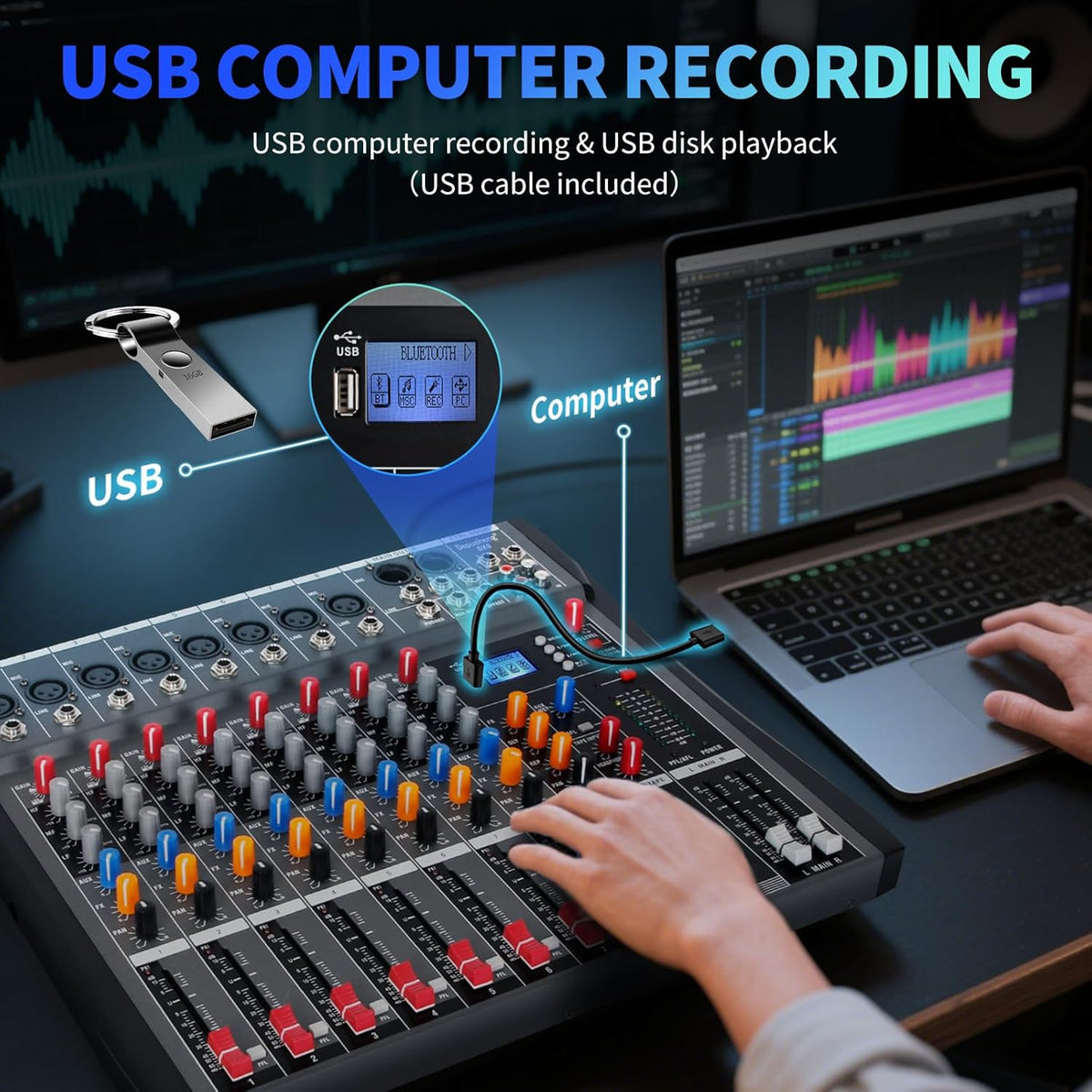 Bluetooth USB audiomixer – Mengpaneel – Mengtafel – Soundboard – DJ mixer – 8-kanaals zwart – Bluetooth streaming – 48V fantoomvoeding