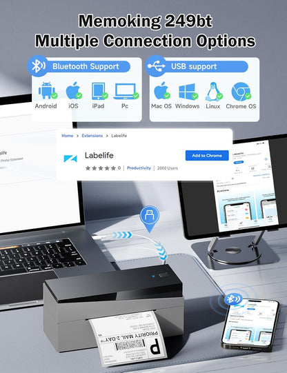 Memoking Bluetooth DHL labelprinter, mobiele Thermo 4 x 6 verzendlabels, printer voor kleine familiebedrijven, 249-BT printer voor eBay, Etsy, UPS, USPS, Amazon, Royal Mail, Hermes, Shopify, FedEx