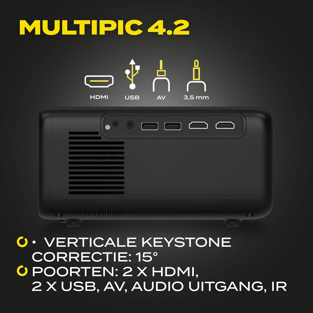 Overmax Multipic 4.2 Full HD 1080p LED Projector: 200" Groot Scherm 4500 Lumen 50000u Lampduur Wi-Fi & BT HMDMI USB Ingebouwde Luidspreker Beleef EURO 2024 en Filmavonden Thuis in Ultieme HD Kwaliteit