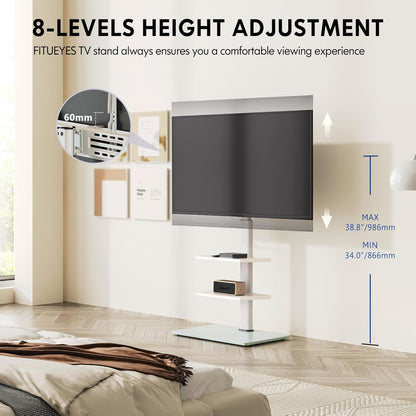 Tv-Vloerstandaard Wit – Tv Standaard – Tv Stand – Universele Tv Standaard – Vrijstaande Tv Standaard – Voor 32-60 Inch Tv met 3 Planken, Draaibaar Tot 70°