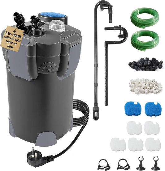Buitenfilter voor aquarium met uv-lamp, 1400 l/u, 35 W filter voor aquaria tot 300 liter, instelbaar, krachtige jerrycan met 3 niveaus, kamerfilter met filtermateriaal, slang, zwart