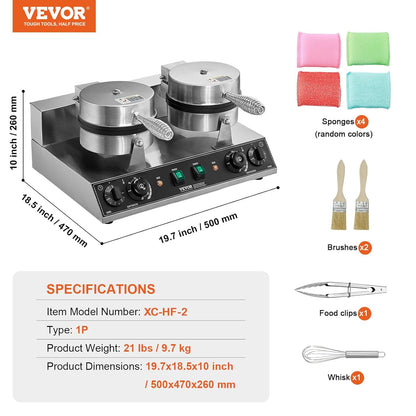 VEVOR Commerciële wafelmachine, dubbele kop, roestvrij staal, antiaanbaklaag, 2460 W, met temperatuur- en tijdregeling, handvat, voor restaurants, gezinnen en bars, 500 x 470 x 260 mm