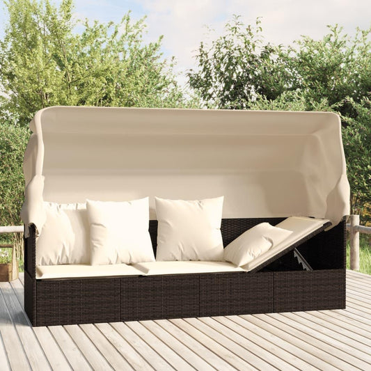 Outdoor Lounge Bed with Roof and Cushion, Brown Poly Rattan Sun Lounger with Both Sides Adjustable for Garden, Balcony, Patio, Camping, Swimming Pool - QUORE