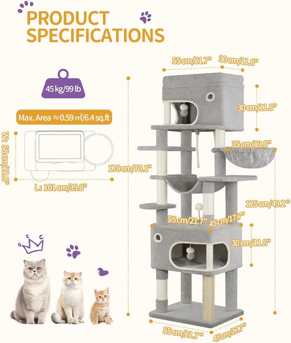 Hzuaneri Cat Scratching Post, 178cm Multilayer Cat Tree with Large Platform, 2 Caves, 7 Sisal Poles, Pompoms, Cat Basket, Hammock, Suitable for Cats of All Sizes, Light Grey MS17818LG - QUORE