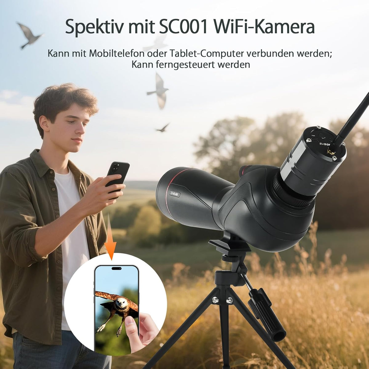 Svbony SV406 20-60x80mm Spotting Scope met SC001 WIFI Camera, HD FMC BAK4, Dubbele Focus, 1,25'' Verwijderbaar Oculair, IPX7 Waterdicht, met Statief, Draagtas, voor Vogels Kijken, Wildlife Fotografie