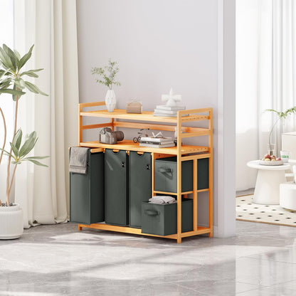 ADEL DREAM Wasmand 5 vakken, 2 planken, wasverzamelaar, 190 liter, wasboxen met mand, wassorteerder met 3 waszakken en 2 stoffen boxen, waszak, bamboe, wasrek, wasmand, laundry basket, donkergrijs