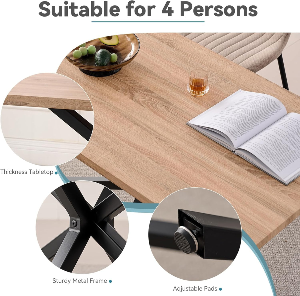 Moderne Rechthoekige Eettafel – Keukentafel – Woonkamertafel – Eetkamertafel – Bureaublad – Zwart Metalen Frame – Verstelbare Voetkussens – Geschikt Voor 4-6 Personen