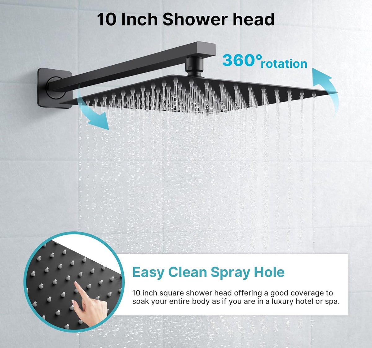 Inbouw douchearmatuurset – Inbouwdouchesysteem – Doucheset – Regendoucheset – Douchekraanset – Matzwart – 10 inch 25 x 25 cm regendouchekop – Handdouche met 150 cm RVS slang