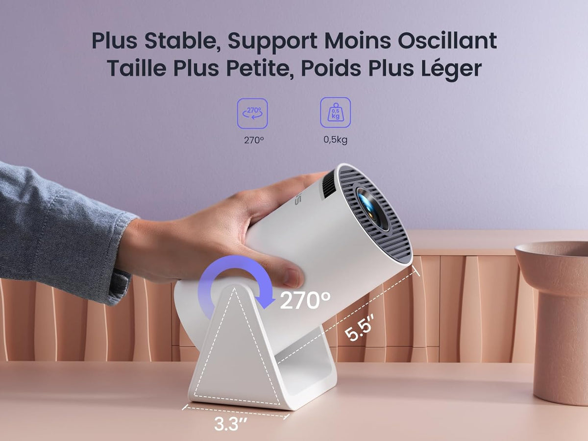 Mini-projector, 4K, 1080p, FHD ondersteund, automatische keystone/korte brandpuntsafstand: draagbare wifi-bluetooth-projector met hoek 270 graden, zoom, 85% videoprojector, wifi6, thuisbioscoop/buiten