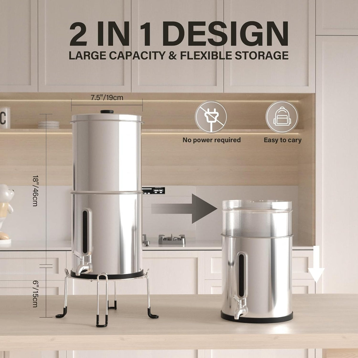 Zwaartekrachtwaterfiltersysteem 5,6 Liter – Waterfilter – Drinkwaterfilter – Zwaartekrachtfilter – Koolstoffilter – 304 Roestvrij Staal – Waterniveau-Indicator