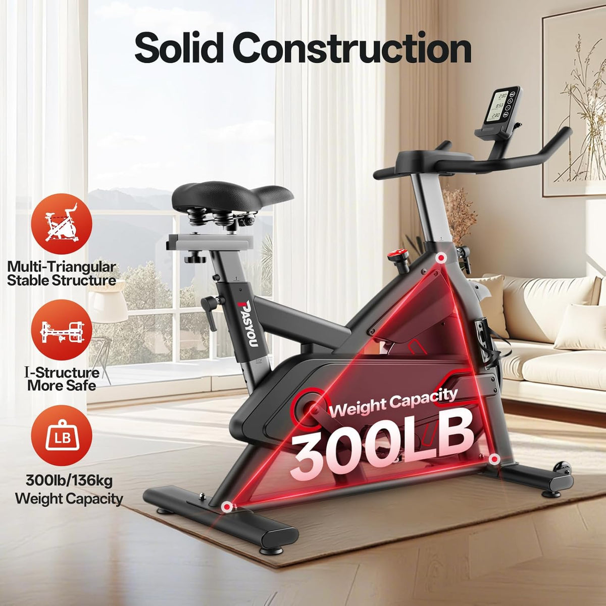 PASYOU Hometrainer, Indoor Spinning Bikes Voor Thuisgebruik, Hometrainer met Magnetische Weerstand, Spinning Bikes met LCD-scherm en Tablethouder, Fitnessfiets van 136kg/300lb