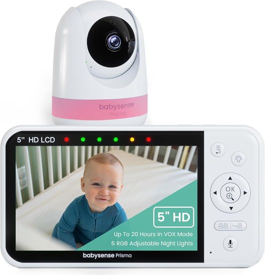 Babysense Prisma Babyfoon met camera en audio, 5 inch HD video babyfoon, 6 kleuren nachtlampje, gedeeld scherm, babygeluidsmachine met witte ruis en slaapliedjes, veilig zonder wifi