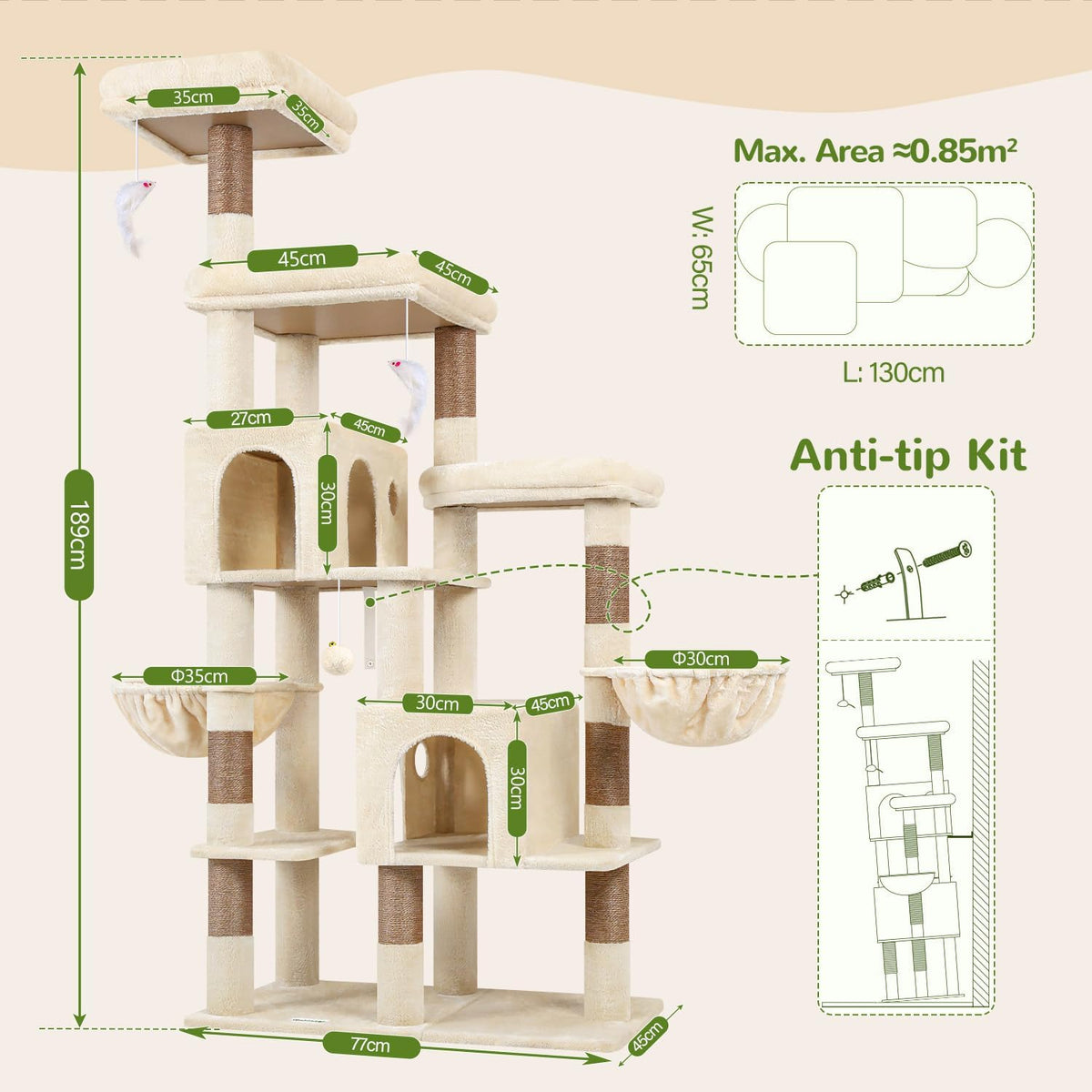 Kattenboom – Krabpaal – Kattenmeubel – Krabmeubel – Beige – Voor 3-5 Grote Katten – 2 Grote Kattenhuisjes 45x30 cm – 3 Ruime Platforms 45x45 cm