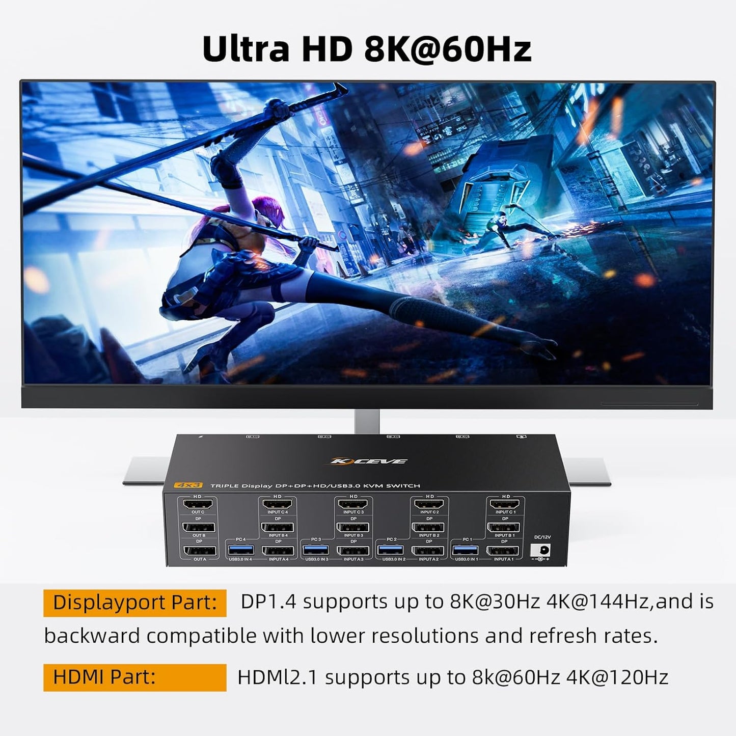 KVM Switch 3 monitoren 4 pc's, 2 DisplayPort + 1 HDMI USB 3.0 KVM-schakelaar, ondersteunt 4K @60 Hz voor 3 computers die 2 DP-monitoren, toetsenbord en muis delen