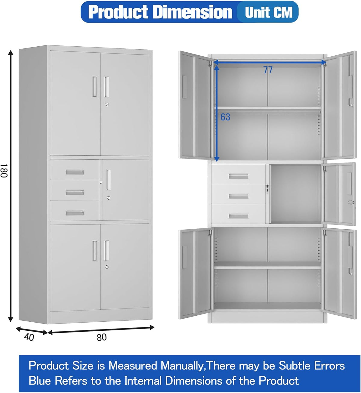 Filing cabinet, metal cabinet with three drawers, magazine cabinets, sheet steel powder coating, steel cabinet for tools, office, 180 x 80 x 40 cm (white - QUORE
