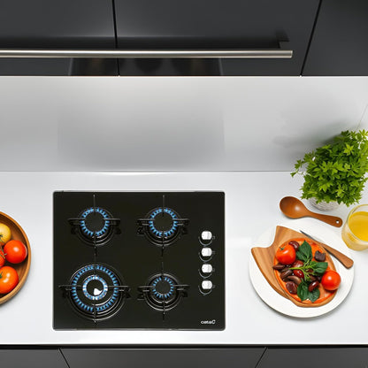 4-pits Gaskookplaat – Gasfornuis – Kookplaat – Gasplaat – Kookfornuis – Gehard Zwart Glas – Elektronische Ontsteking – 59 cm Breed