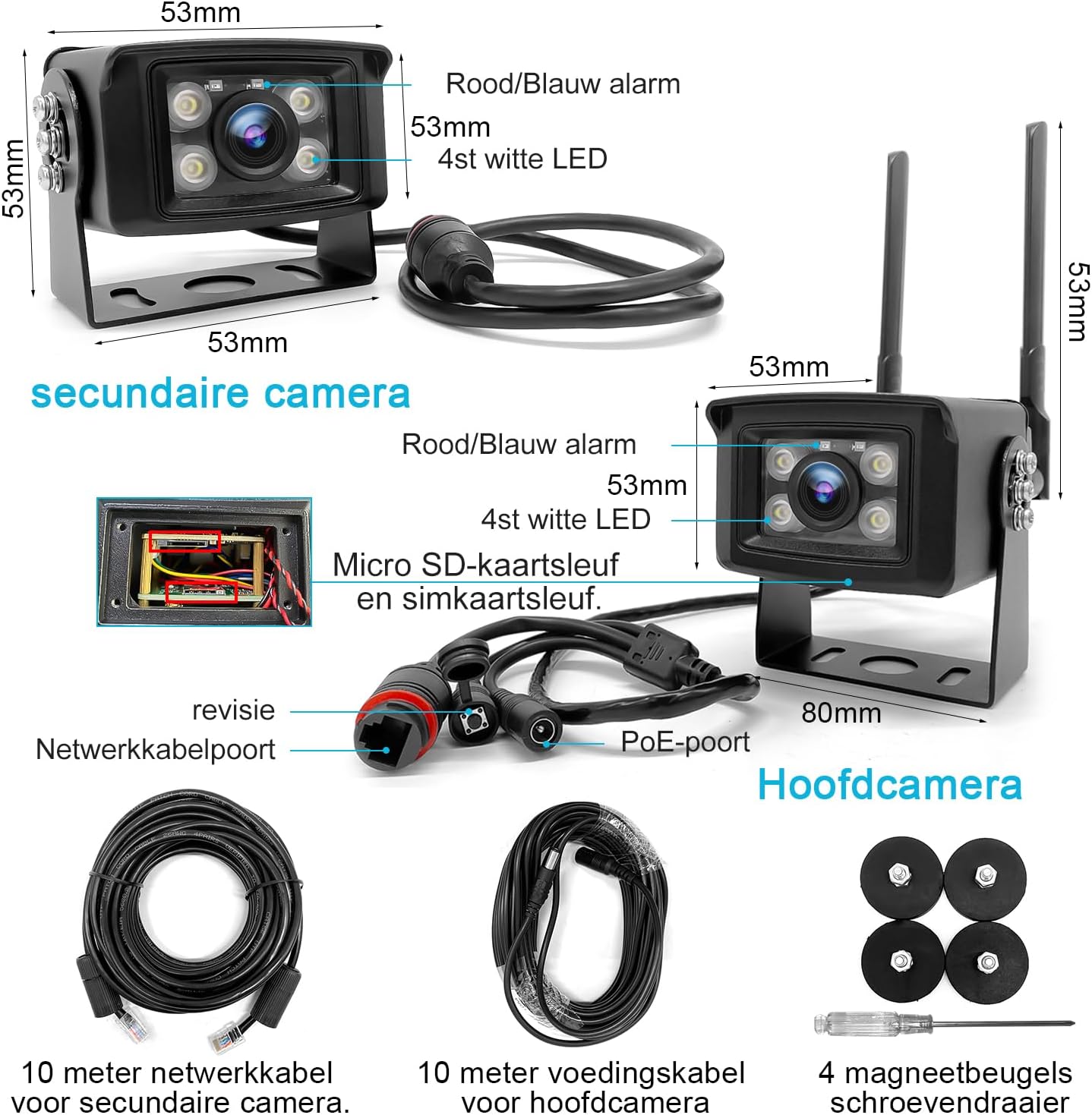 GENBOLT 4G LTE vrachtwagen camera voor remote monitoring. Realtime en multi-hoek monitoring met 1080P dual camera's. Geluids- en lichtalarm. IP69 waterdicht. Magnetische beugel