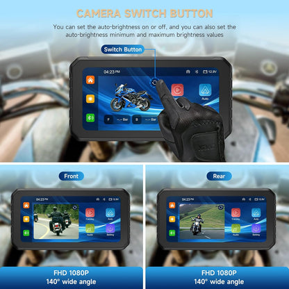 Spedal CL873 Motorfiets CarPlay met 1080p dubbele camera's, 6,25 inch draadloos CarPlay & Android Auto waterdicht scherm, ondersteuning Dual Bluetooth, Auto GPS, Siri, Assistent