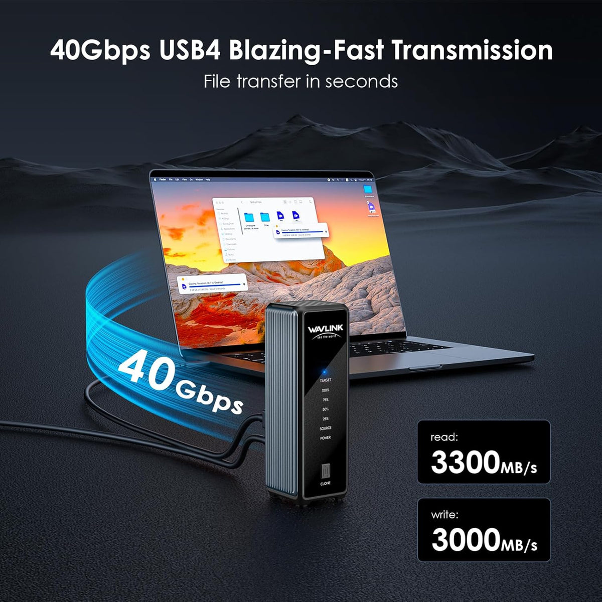 WAVLINK 40Gbps M.2 Dual Bay NVMe Enclosure, NVMe SSD Enclosure met koelventil, compatibel met Thunderbolt5/4/3, USB4/3.2/2.0, UASP & TRIM, Offline Clone, tot 3300MB/s