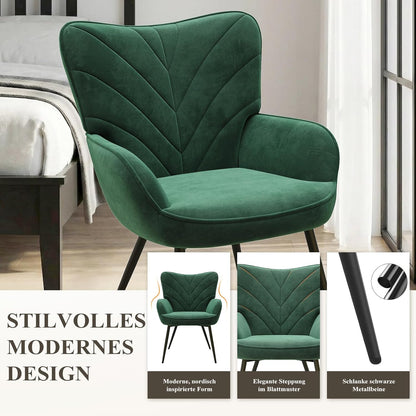 COLAMY Woonkamerstoel, fluwelen beklede relaxstoel met hoge rugleuning, gevoerde comfortstoel met Wingback-design, lounge stoel met houten poten voor woonkamer, leeshoek, groen