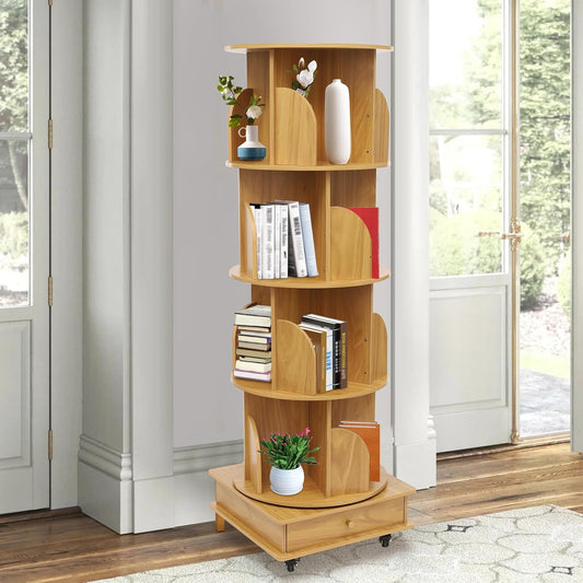 Bookcase, 4 levels, 16 compartments, swivel, free-standing, bookkeeper with universal wheels for storing a variety of books, magazines, craft decorations, CDs, etc. (original - QUORE