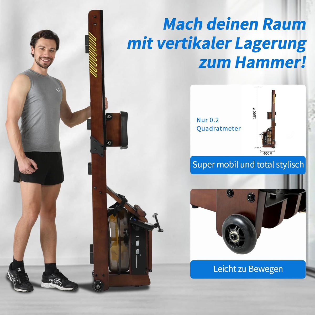 ISE SY-2023 Wood Rowing Machine for Home with LED Display App Compatible with Water Resistance Rowing Machine with Electric Water Pump - QUORE