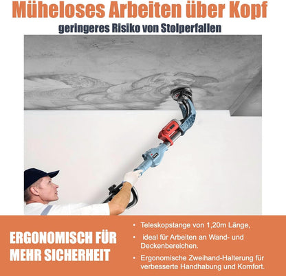 FANZWORK Betonschuurmachine, 1010 W, met telescoopstang tot 1,20 m, inclusief diamantslijpkop van 125 mm en draagtas, instelbare snelheid, ideaal voor het gladmaken van beton