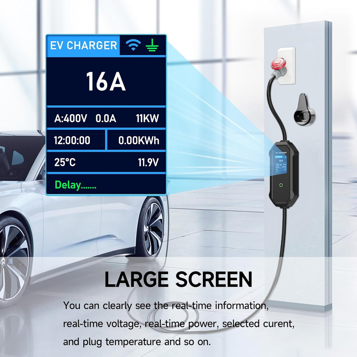 EV Oplader CEE 11kW, 3-Fase, 6m, 8-16A dé EV-lader Type 2, Mobiel Laadstation/Wallbox Laadkabel Type 2 met Digitale LCD bediening voor ID.5, Model Y/3, e-up, e-tron, en andere EV