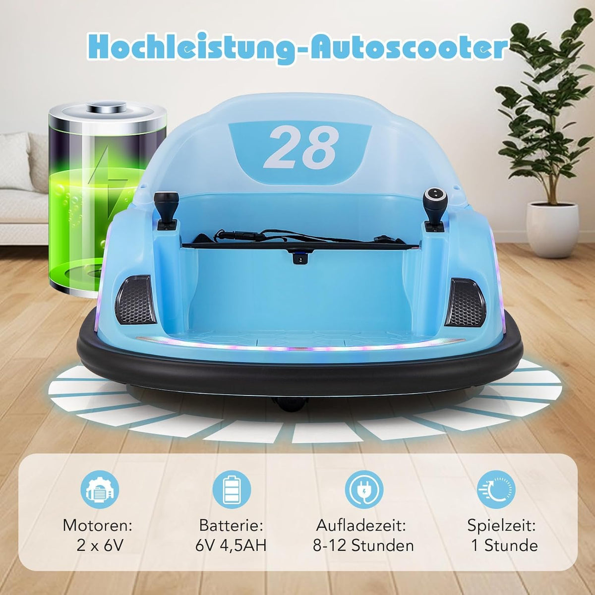 FANTASK Autoscooter voor kinderen, elektrische bumper auto met knipperende ledlampen, afstandsbediening, muziek en 360 graden rotatie, kinderstep voor kinderen vanaf 18 maanden, blauw