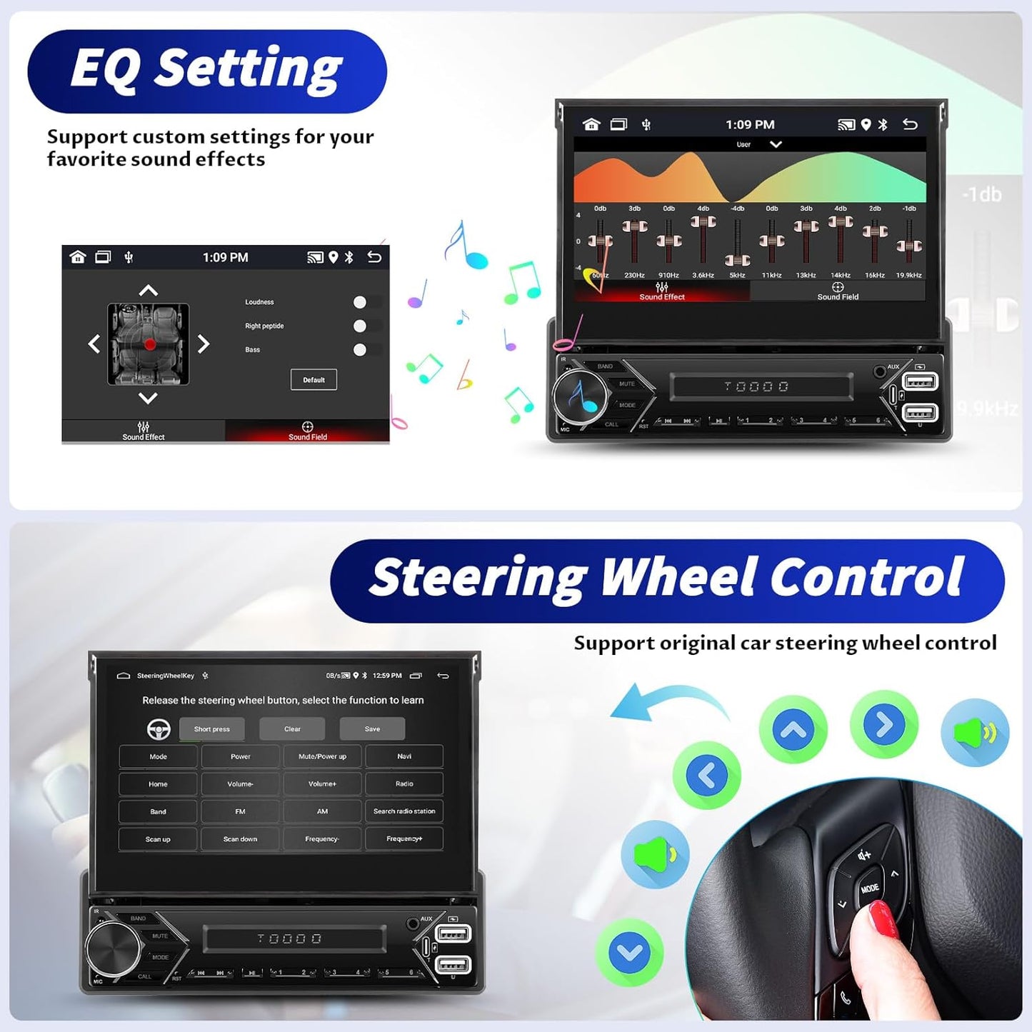 OiLiehu 2+64G Android 13 1-DIN Autoradio met Draadloze CarPlay & Android Auto, 7" IPS Handmatig Inklapbaar Scherm
