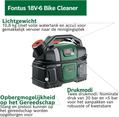 Bosch hogedrukreiniger Fontus 18V-6 Bike Cleaner (draagbaar, 6L watertank, 8 drukstanden, opslag voor slang en spuitpistool)