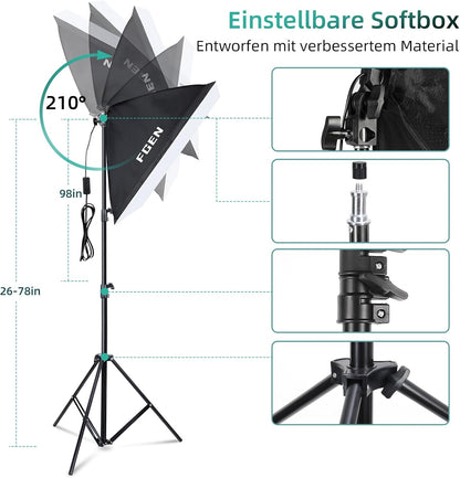 Complete Fotostudioset – Fotostudio Set – Softbox Set – Achtergrondsysteem – Studiolampen – 2,6 x 3 m Verstelbaar Aluminium Frame – 3 Katoenen Achtergronden Groen, Zwart En Wit