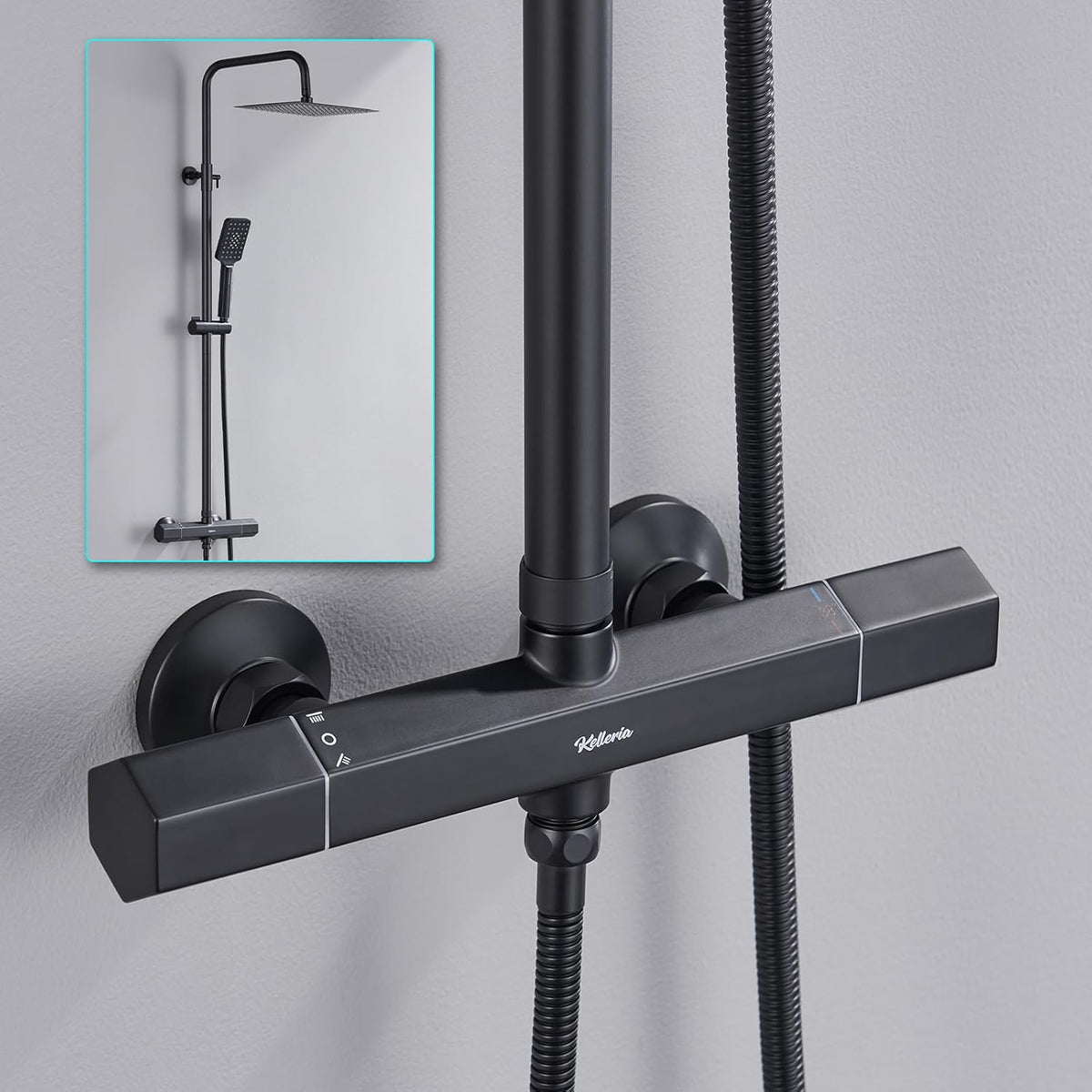 Douchesysteem met thermostaat, regendouche, doucheset, roestvrij stalen douchezuil met douchekop en handdouche, verstelbare douchestang, 960-1245 mm, complete douche-set voor badkamer, zwart