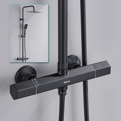 Douchesysteem met thermostaat, regendouche, doucheset, roestvrij stalen douchezuil met douchekop en handdouche, verstelbare douchestang, 960-1245 mm, complete douche-set voor badkamer, zwart