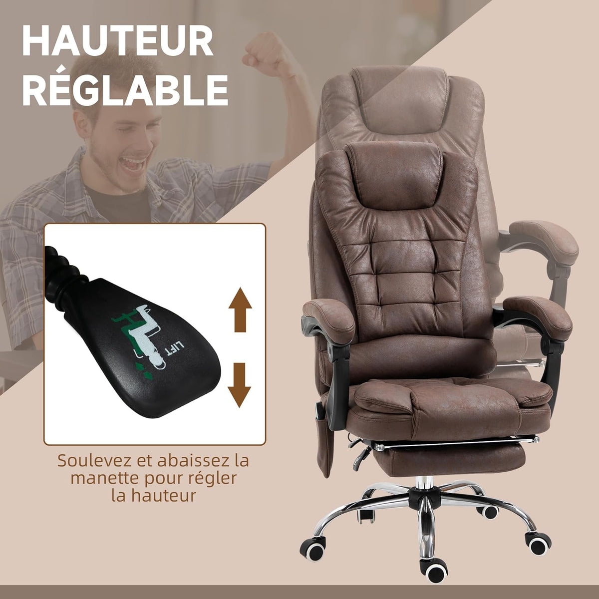 Vinsetto Bureaustoel, massage, verwarmd, bureaustoel, ergonomisch, in hoogte verstelbaar, rugleuning kantelbaar, microvezeldoek, bruin