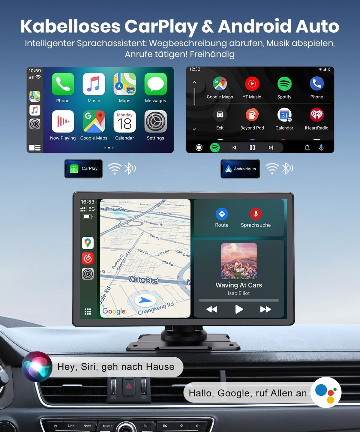 9,26 inch CarPlay Display met IPS touchscreen, draadloze Apple CarPlay en Android Auto, Bluetooth 5.0, Mirror Link, FM en AUX, snelle plug-and-play-installatie voor oudere voertuigen