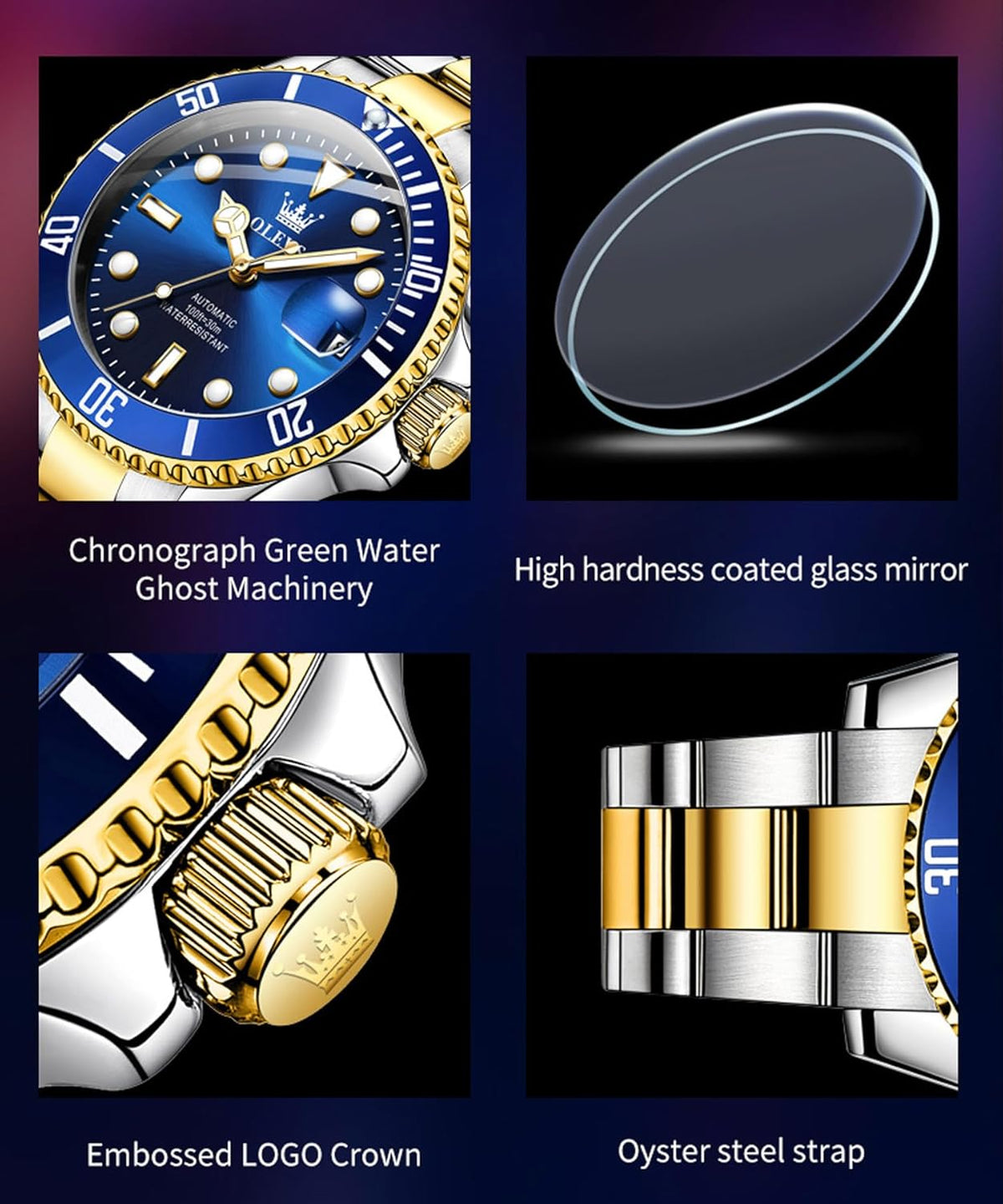 OLEVS Heren Horloge Grote Gezicht Datum Waterdicht Mechanisch Horloge Rvs Night Glow Luxe Volautomatische Mechanische Horloge